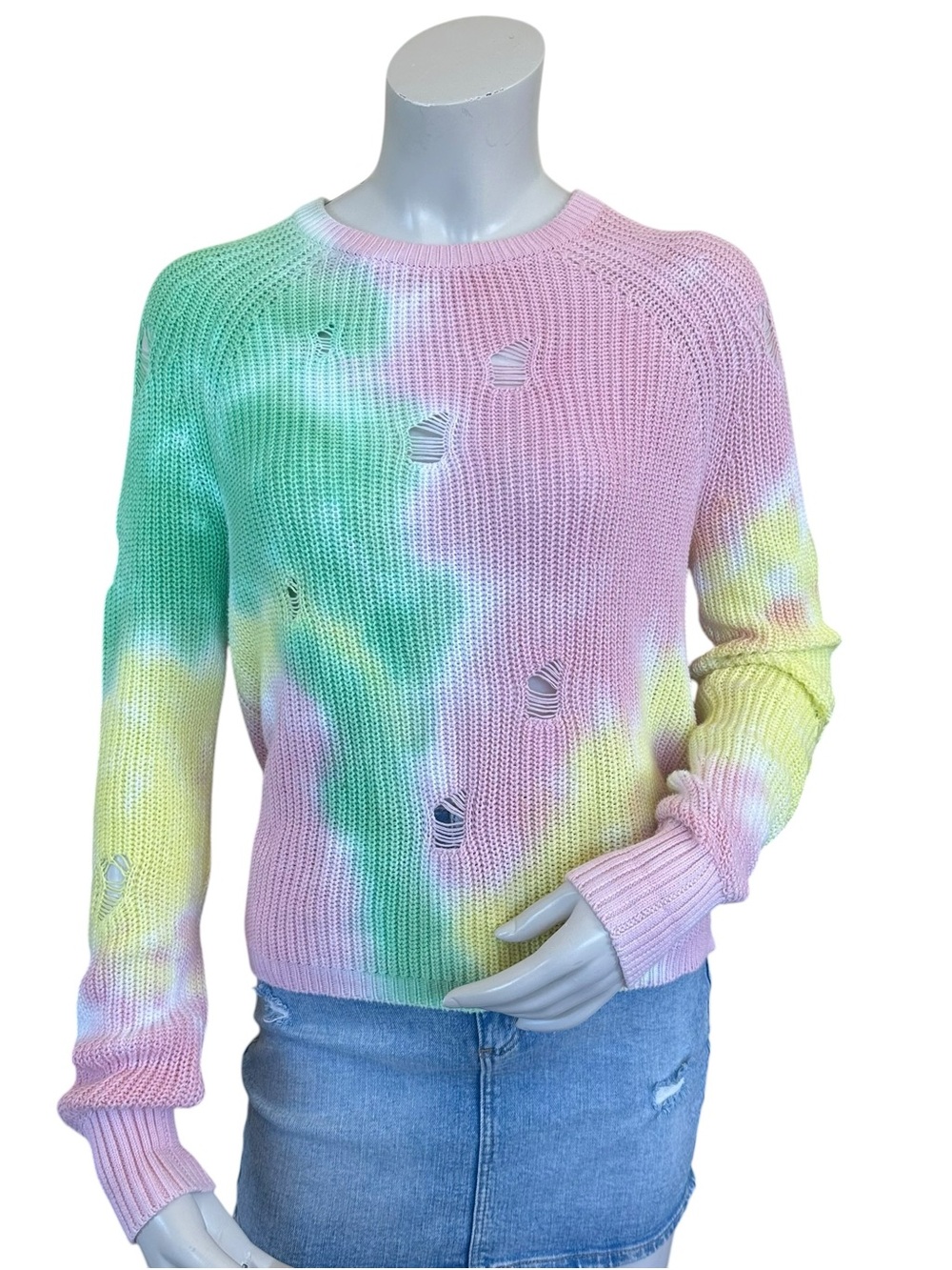 Autumn Cashmere Distressed Knit Pink Yellow Green Tie Dye Sweater Size Small